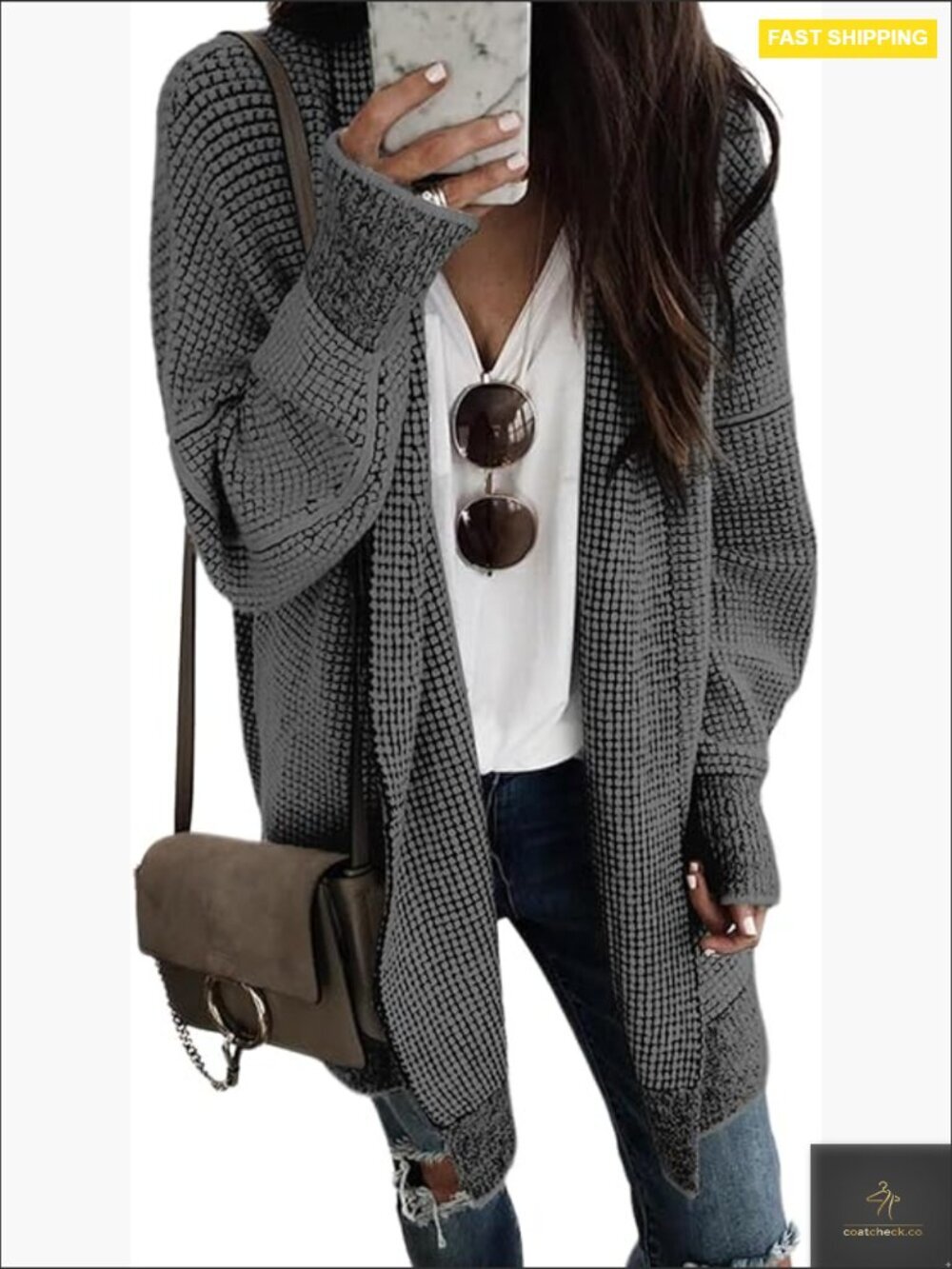 Open Front Chunky Knit Oversized Cardigan Sweater Long Sleeve Checkered Plaid